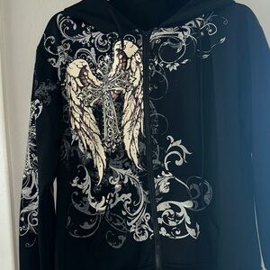 ROMWE Black Hoodie with Angel Wing Graphic